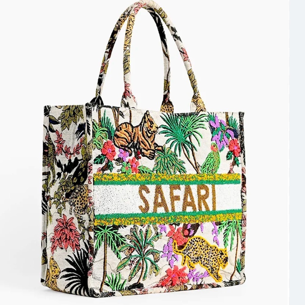 V&B Limited Edition Safari Beaded Tapestry Tote Bag Jungle Print Green Strap NEW